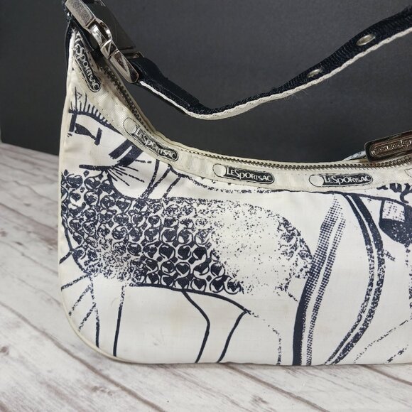 VTG Le SportSac x L.A.M.B. Black White One Zip Shoulder Bag Silver Hardware 9x6" - Picture 2 of 16